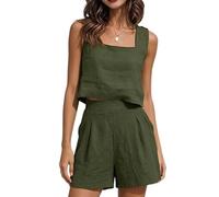 LIEROLYE Traje de Lino de 2 Piezas for Mujer, Cuello Cuadrado, Camiseta Sin Mangas y Pantalones Cortos a Juego, Viajes, Verano, Informal(Army green,M)
