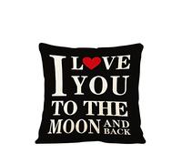 Lieson Fundas de almohada para cama, 1 funda de almohada de 16 x 16 pulgadas, 40 x 40 cm, diseño de corazón con texto "I Love You To The Moon And Back", color negro, lino