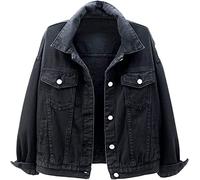 Lietex Chaqueta Vaquera Color Liso para Estilo Simple Mujer Abrigo Vaquero Desteñido con Lavado Claro Vintage Parte Delantera Abierta Informal con Botones Prendas Vestir (Color : Negro, One Size : L