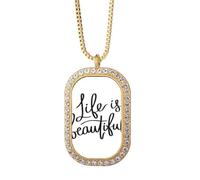 Life Is Beautiful - Collar con colgante de cristal dorado con cita Art Deco