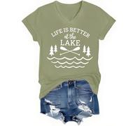 Life is Better at The Lake Camiseta Life is Better at The Lake Camiseta con cuello en V, verde oliva, XXL