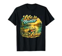 Life Is Better At The Lake Sunset Canoe Nature Vibes Graphic Camiseta