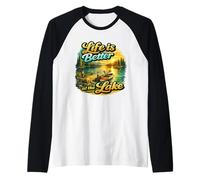 Life Is Better At The Lake Sunset Canoe Nature Vibes Graphic Camiseta Manga Raglan