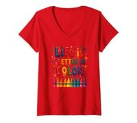 Life Is Better In Color Crayon Art - Cita inspiradora Camiseta Cuello V, Mujer, Rojo, XXL