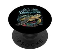 Life Is Better Underwater Sea Turtle Oceans Lover Diving PopSockets PopGrip Adhesivo