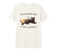 Life is Better with Cats and Guitars Black Cat Guitarist Camiseta Premium