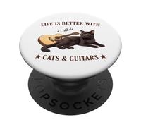 Life is Better with Cats and Guitars Black Cat Guitarist PopSockets PopGrip Adhesivo