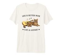 Life is Better with Cats and Guitars Tabby Cat Guitarist Camiseta Premium