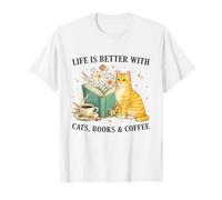 Life is Better with Cats Books and Coffee Cat Lover Reading Camiseta