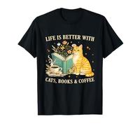 Life is Better with Cats Books and Coffee Cat Lover Reading Camiseta