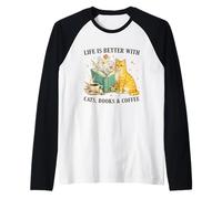 Life is Better with Cats Books and Coffee Cat Lover Reading Camiseta Manga Raglan