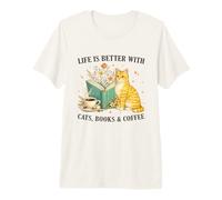 Life is Better with Cats Books and Coffee Cat Lover Reading Camiseta Premium