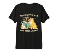 Life is Better with Cats Books and Coffee Cat Lover Reading Camiseta Premium