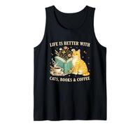 Life is Better with Cats Books and Coffee Cat Lover Reading Camiseta sin Mangas