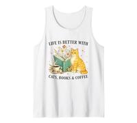 Life is Better with Cats Books and Coffee Cat Lover Reading Camiseta sin Mangas