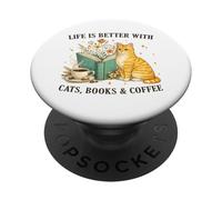 Life is Better with Cats Books and Coffee Cat Lover Reading PopSockets PopGrip Adhesivo