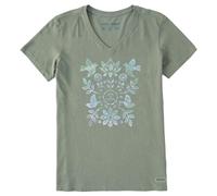 Life is Good Crusher T - Camiseta de Manga Corta para Mujer, diseño gráfico de algodón, Arte folclórico, jardín, teñido Anudado, Verde (Moss Green), Large