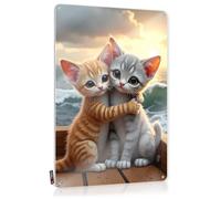 Life Matal Sign Designer | Sunset Serenity: Two Kittens Embrace By The Sea Retro Workshop Decoration (30 x 40 cm)