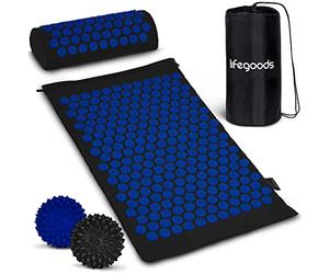LifeGood Esterilla Acupresion - Eco - Con Cojín, Bolas de Masaje y Bolsa - Shakti Mat y Almohada - Colchoneta de Acupuntura Relajación y Alivio del Dolor - Flor de Loto - Negro & Azul