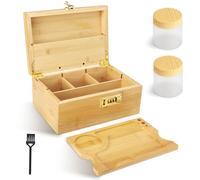 LIFEJXWEN Caja de almacenamiento de bambú con cerradura de combinación, juego de almacenamiento de madera, 2 frascos + cepillos + tubos de almacenamiento, juego de bandeja rodante, caja de