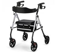LIFERUN Andador para Ancianos, 4 Ruedas Andadores Adultos Plegable para Todo Terreno, Asiento y Mango de Altura, con Bolsa de Almacenamiento, Máx. 135 Kg (plata)