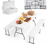 LIFERUN Conjunto Plegable Mesa y 2 pcs Bancos Plegables 3 Piezas jardín, Conjunto con Asas de Transporte, Mesa de Plástico HDPE 180cm,Set de Muebles Jardín Exterior, Blanco
