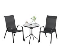 LIFERUN Juego de Muebles de balcón de 3 pcs, Juego de Muebles de jardín pequeño con Mesa Redonda (Vidrio Templado) + 2 respaldos Altos apilables (textileno y Metal) para terraza, balcón, jardín