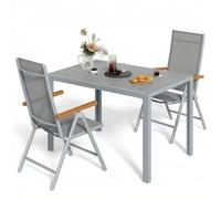 LIFERUN Juego de Muebles de Jardín 3 Piezas Aluminio, Mesa WPC 110x70 cm + 2 Sillas Plegables con Respaldo Alto, Muebles de Exterior Resistentes a la Intemperie para Terraza y Balcón,Gris Completo