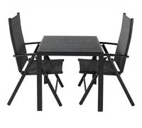 LIFERUN Juego de Muebles de Jardín 3 Piezas de Aluminio, Mesa de WPC y 2 Sillas Plegables, Respaldo Alto, Resistente a la Intemperie para Terraza y Exterior, Negro