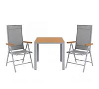 LIFERUN Juego de Muebles de Jardín 3 Piezas de Aluminio, Mesa de WPC y 2 Sillas Plegables, Respaldo Alto, Resistente a la Intemperie para Terraza y Exterior, Marrón Teca + Gris Claro