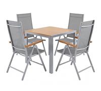 LIFERUN Juego de Muebles de Jardín 5 Piezas de Aluminio, Mesa de WPC y 4 Sillas Plegables, Respaldo Alto, Resistente a la Intemperie para Terraza y Exterior, Marrón Teca + Gris Claro