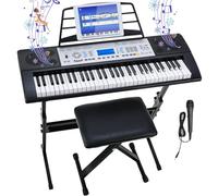 LIFERUN Teclado de piano de 61 teclas, juego de teclado de piano digital con soporte, taburete, micrófono, fuente de alimentación dual, altavoces duales integrados y pantalla LCD, teclado eléctrico