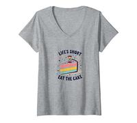 Lifes Short Eat The Cake Fun Postre Lover Camiseta Cuello V, Mujer, Gris Jaspeado, M