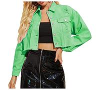 LifeShe Chaqueta de mezclilla para mujer, recortada, rasgada, desgastada, con flecos, dobladillo deshilachado, Verde, Large
