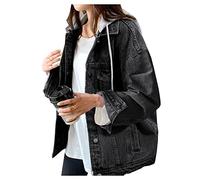 LifeShe Chaqueta vaquera con capucha para mujer, de gran tamaño, desgastada, con capucha, Negro, Large