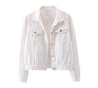 LifeShe Mujer Bordado Perlas Abalorios Denim Jean Chaqueta Abrigo, Blanco, S