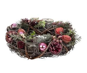Lifestyle & More Corona de Adviento de Navidad de varios materiales redonda con decoración rosa/verde/marrón para velas de té, diámetro 34 cm