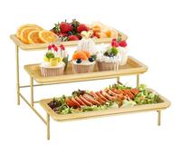Lifewit Bandeja de servir de bambú de 3 niveles, 30 x 17 cm, bandeja de servir con soporte de metal dorado para suministros de fiesta, accesorios de bufé, grandes bandejas reutilizables para verduras