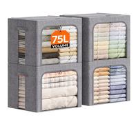 Lifewit Cajas Almacenaje Ropa con Marco de Metal, Organizador Armario Apilable, Bolsas Almacenaje Ropa, Bolsas Para Guardar Ropa, Edredones, Colchas, Gris Claro, 75 L, 4 Piezas