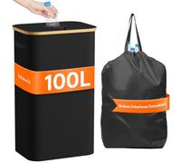Lifewit Cubo de Reciclaje 100 L Portátil, Contenedor para Botellas de Vidrio y Plástico, Gran Papelera de Bambú para Reciclaje Selectivo, Negro