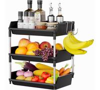 Lifewit Fruteros de Cocina, Frutero 3 Pisos Modernos con Dos Ganchos Desmontables, Plástico Carrito Verduras con Soporte Metálico, Cestas Apilables para Plátanos, Patatas, Cebollas, Negro