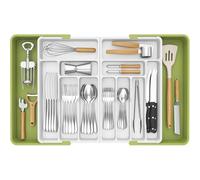 Lifewit Grandes Organizador Cuberteros para Cajon, Extensible al 36 Pulgadas de Ancho, BPA Free Bandeja Vajilla de Cocina, Tabletas Separador de Plástico para Cuchillo/Cuchara/Tenedor, Verde y Blanco