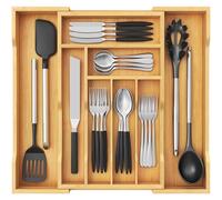 Lifewit Organizador Cubiertos de Cajon, 43 cm de Profundidad, Bandeja Utensilios Extensible de Hasta 53 cm de Ancho, Separador de Cocina Armario, Accesorios de Bambú de Cuchara/Tenedor/Cuchillo