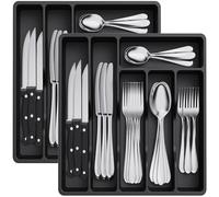 Lifewit Organizador de Cubiertos Cajon, 32 x 30 x 5,2 cm Bandeja Compacto Cubiertos para Menaje, Cocina Organizador Cubertero para Cucharas Tenedores, 6 Compartimentos, Negro, Pack de 2