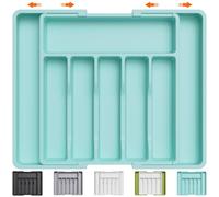 Lifewit Organizador de Cubiertos para Cajón Cocina, Bandeja para Menaje Extensible, Cubertero Compacto para Almacenar Cucharas, Tenedores y Cuchillos, Ancho 33-57 x Fondo 38 cm, Lote 1, Turquesa