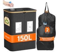 Lifewit Recolector Botellas con Tapa, 2 Compartimentos Contenedor de Clasificación Selectiva para Botellas de Plástico y Vidrio, Contenedor Reciclaje, Almacenamiento Cocina, Gris Oscuro 150 L