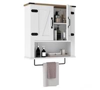 LIFEZEAL Armario Baño de Pared de Madera Maciza, Mueble Colgar con Estantes Ajustables, Toallero, Puertas de Granero, Mueble Suspendido de Almacenamiento para Espacios Reducidos