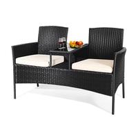 LIFEZEAL Banco Doble de Ratán, Sillón de Jardín para 2 Personas, con Mesita de Cristal Templado, Silla Sofá de 2 Plazas con Cojines, Mueble de Conversación para Balcón Patio