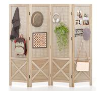 LIFEZEAL Biombo Interior de 4 Paneles Plegable, Tabique Plegable de Madera con Práctico Panel Perforado Apto para Varios Ganchos, Pie Antideslizante, para Oficina, Dormitorio, Comedor, Estudio