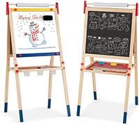 LIFEZEAL Caballete infantil 2 en 1, Pizarra Infantil caballete para niños, Caballete de pie con doble cara con rollo de papel, caballete de madera de altura ajustable con bandeje de almacenamiento
